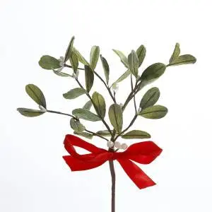 10-Inch Mistletoe Pick With Red Satin Ribbon 1