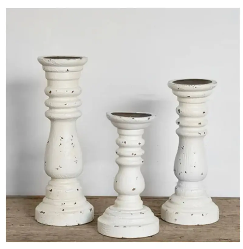 Aged White Pillar Candle Holders – Distressed Finish For Rustic Ambiance 1