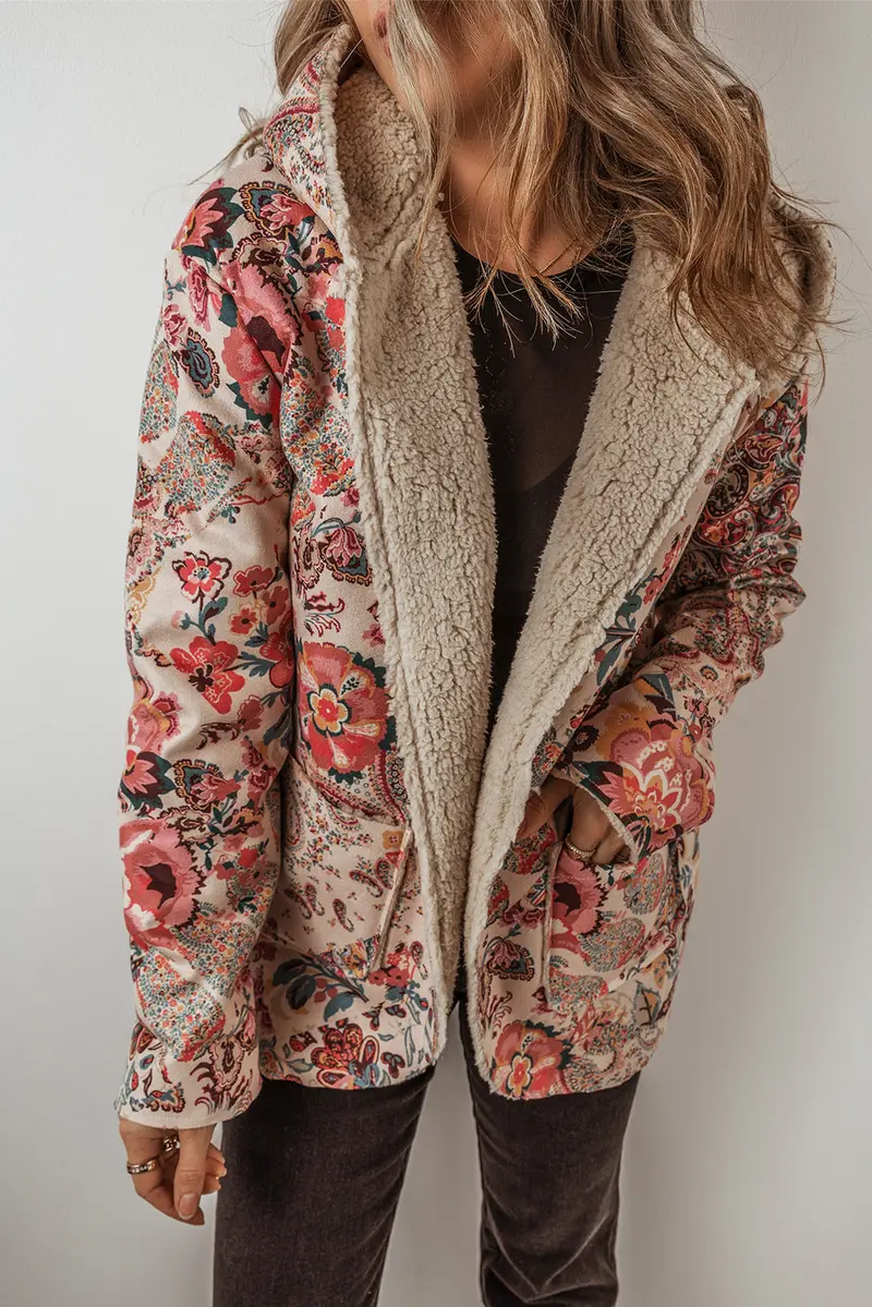 Beige Vintage Paisley Hooded Sherpa Jacket 1