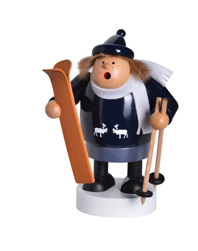 Blue Girl Skier Incense Smoker – Hand-Painted Holiday Decor, 7.5" 1