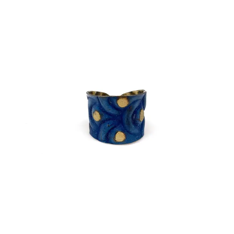 Brass Patina Ring With Cobalt Blue Waves & Dot Accents – Anju 1
