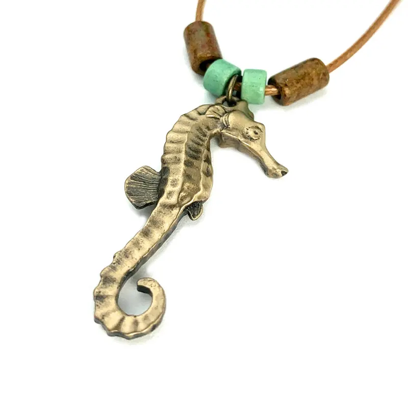 Bronze Seahorse Pendant Necklace With Greek Beads – Shoreline Collection 1