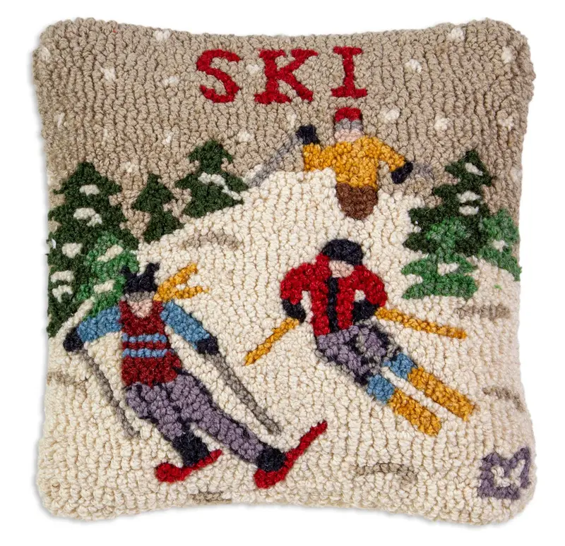 Chandler 4 Corners Ski-Themed 14"X14" Hooked Wool Pillow 1