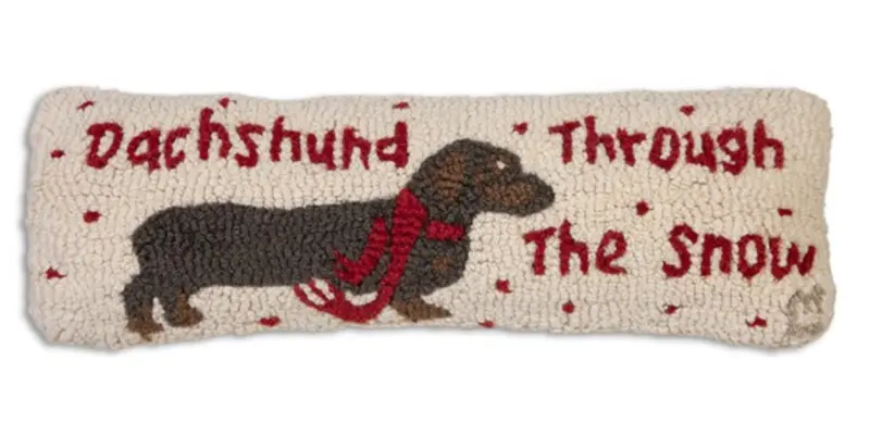 Dachshund Walking Through Snow Hooked Wool Pillow 1