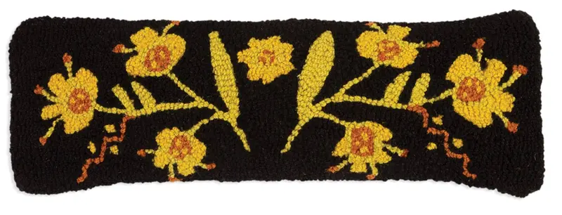 Folklorica Black Lumbar Pillow – 8" X 24" Floral Hooked Wool Design 1