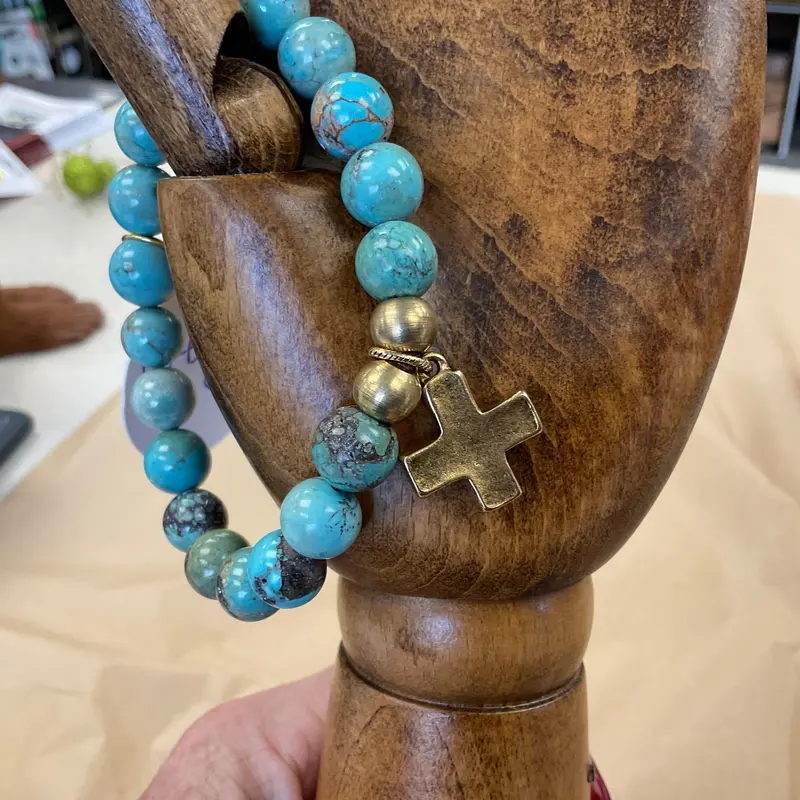 Grace Girl Beads Brown Turquoise Stretch Bracelet With Cross Charm 1