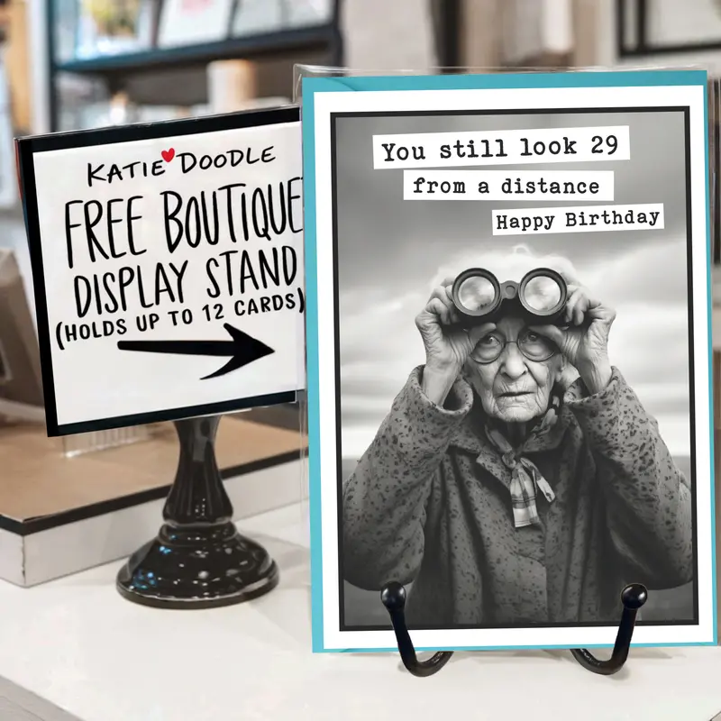 Katie Doodle Vintage Birthday Card – Humorous Greeting Card With Complimentary Display Stand (Stand Not Included) 1