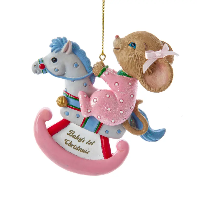 Kurt S. Adler First Christmas Rocking Horse Ornament – 3.63-Inch Baby Girl Design 1