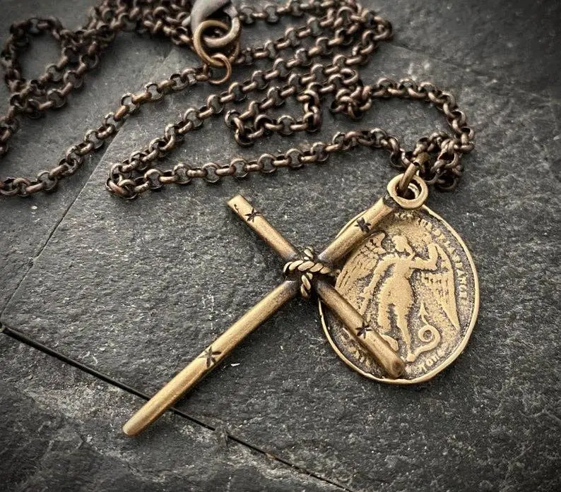 Men’S Brass Cross & St. Michael Medal Necklace – 24-Inch Chain 1