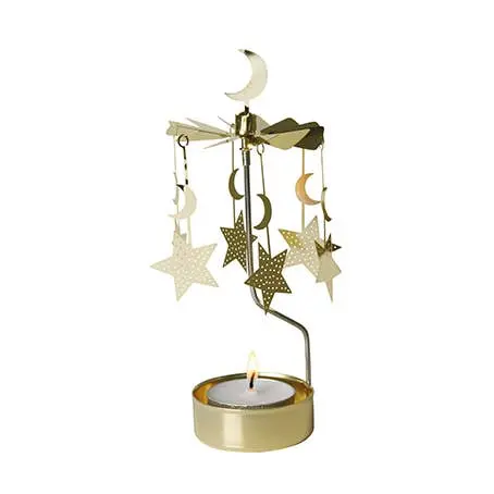 Nordic Dreams Gold Stars & Moon Candle Holder – Rotating Tea Light Decor 1