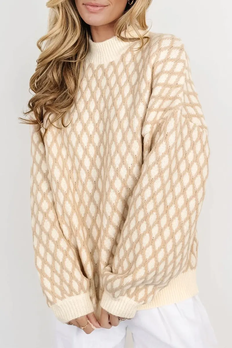 Oatmeal-Colored Diamond-Knit Sweater 1