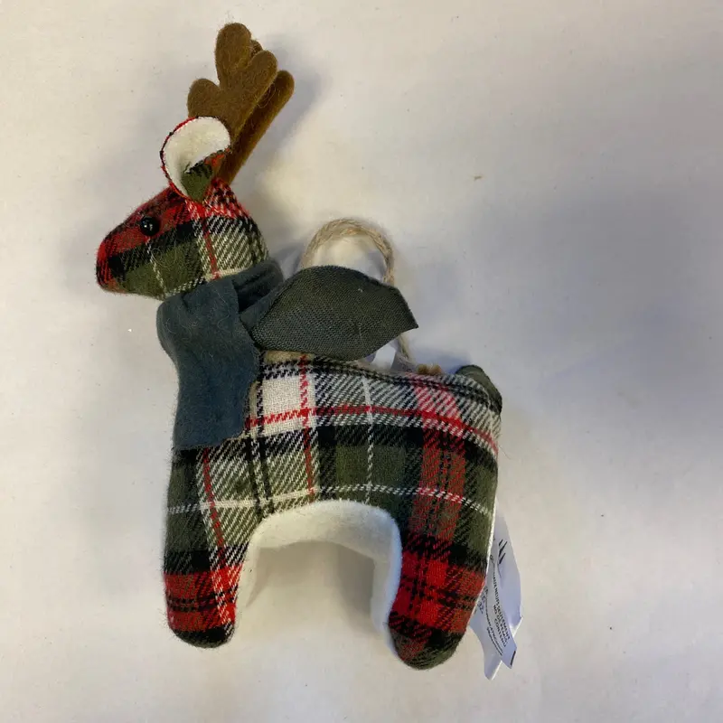 Plaid Fabric Reindeer Ornament – Green And Red With Gray Scarf 1