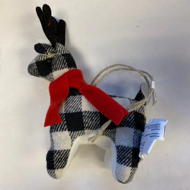 Plaid Reindeer Figurine – Black-And-White Buffalo Check With Red Scarf 1