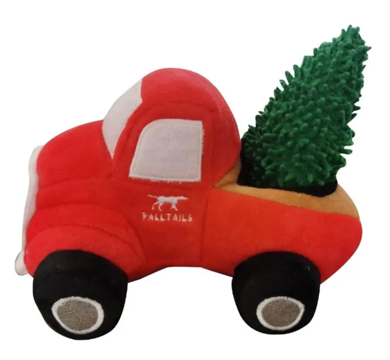 Red Pickup Truck-Themed Plush Dog Toy With Festive Christmas Tree Detail 1