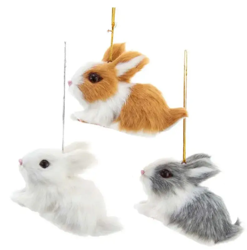 Set Of Three Furry Rabbit Ornaments – White, Brown, Gray 1