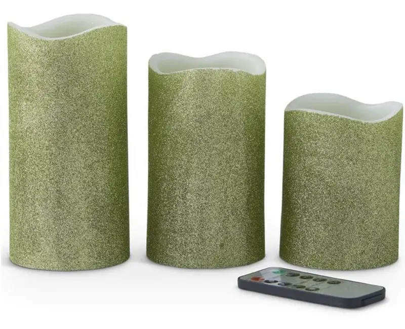 Triple-Pack Glitter Led Wax Pillar Candles With Remote Timer Control 1
