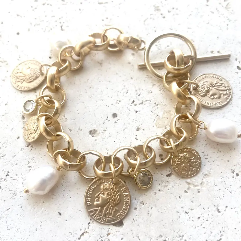 Vb&Co Charm Bracelet With French Coins And Freshwater Pearls 1