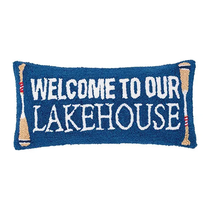 Welcome To The Lakehouse Blue Hooked Pillow – 12" X 24" Nautical Decor 1