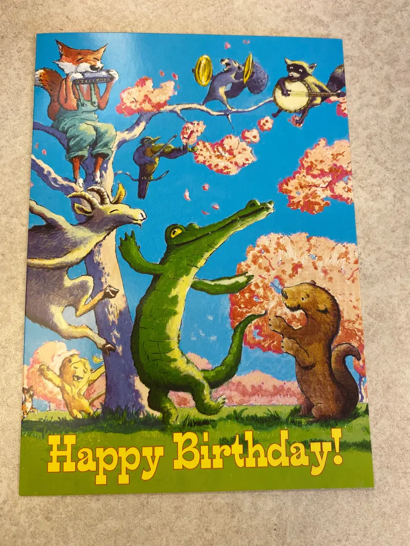 Whimsical Dancing Animals Amid Blooming Flowers Card 1