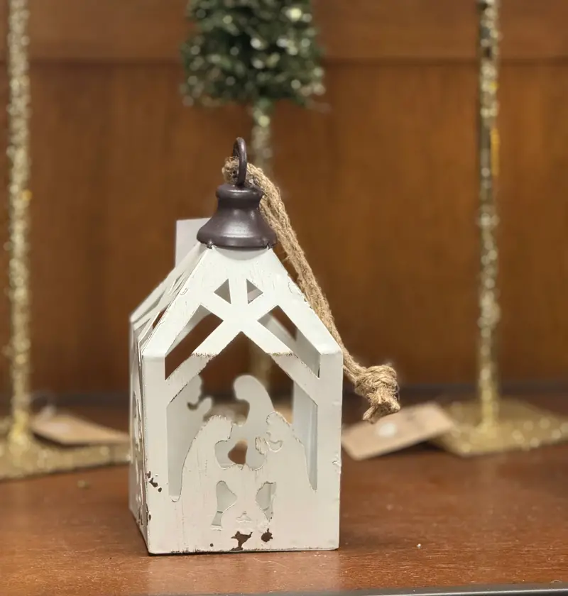 White Rust-Finish Manger Lantern Ornament – Tea Light Holder With Nativity Theme 1
