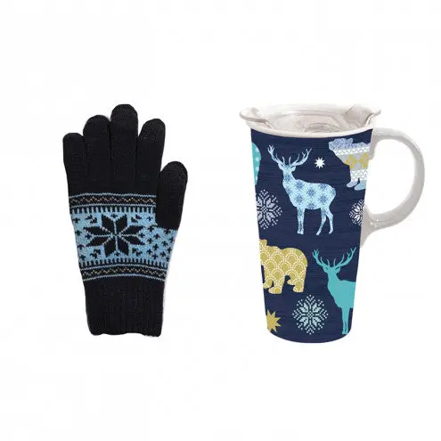 Woodland Blues Ceramic Travel Mug & Matching Gloves Gift Set 1